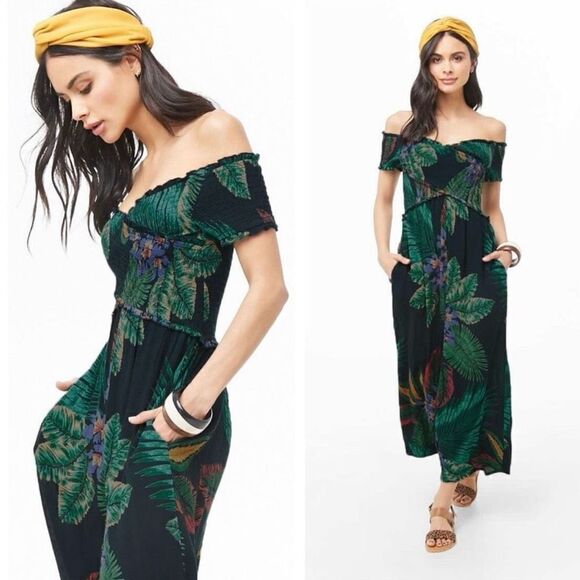 NWT Patrons of Peace Tropical Palm Leaf Print Off Shoulder Surplice Smocked Ruff - Picture 2 of 16